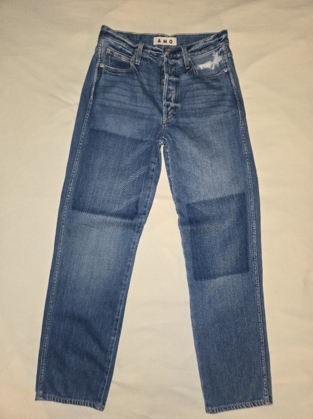AMO Indigo Blue Harlow Jeans with Subtle Patch Label